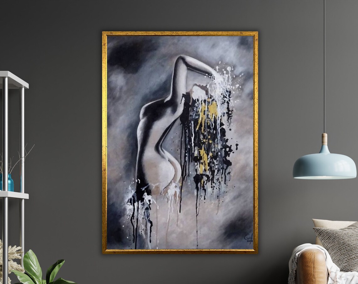 Monochrome Female Torso Gold Black Paint Drip Abstract Art Poster