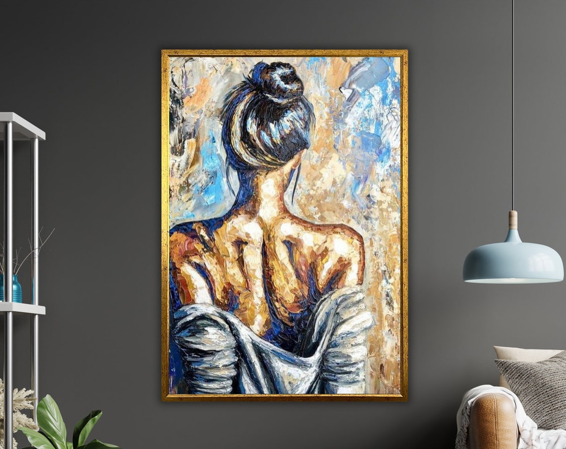 Woman From Behind Impasto Oil Painting Blue Gold Figurative Poster