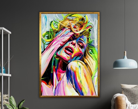 Colorful Pop Art Woman Wild Hair Neon Expressionist Portrait Wall Poster
