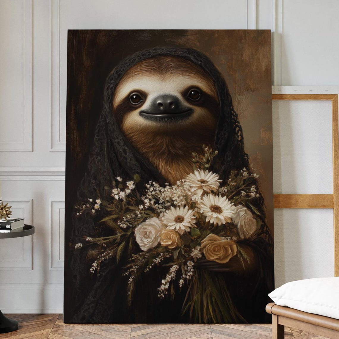 Whimsical Sloth Holding Flowers Vintage Animal Portrait Poster