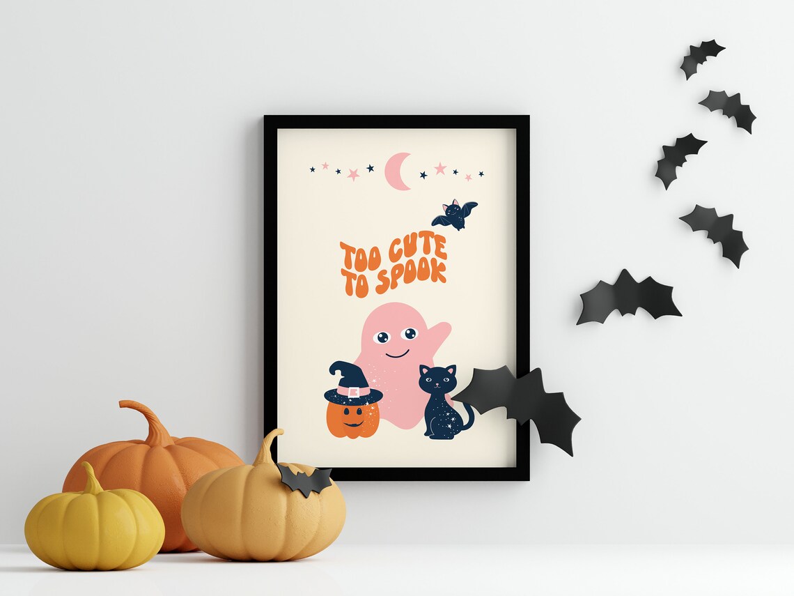 Too Cute To Spook Pastel Ghost Cat Pumpkin Cute Halloween Poster - Image 2