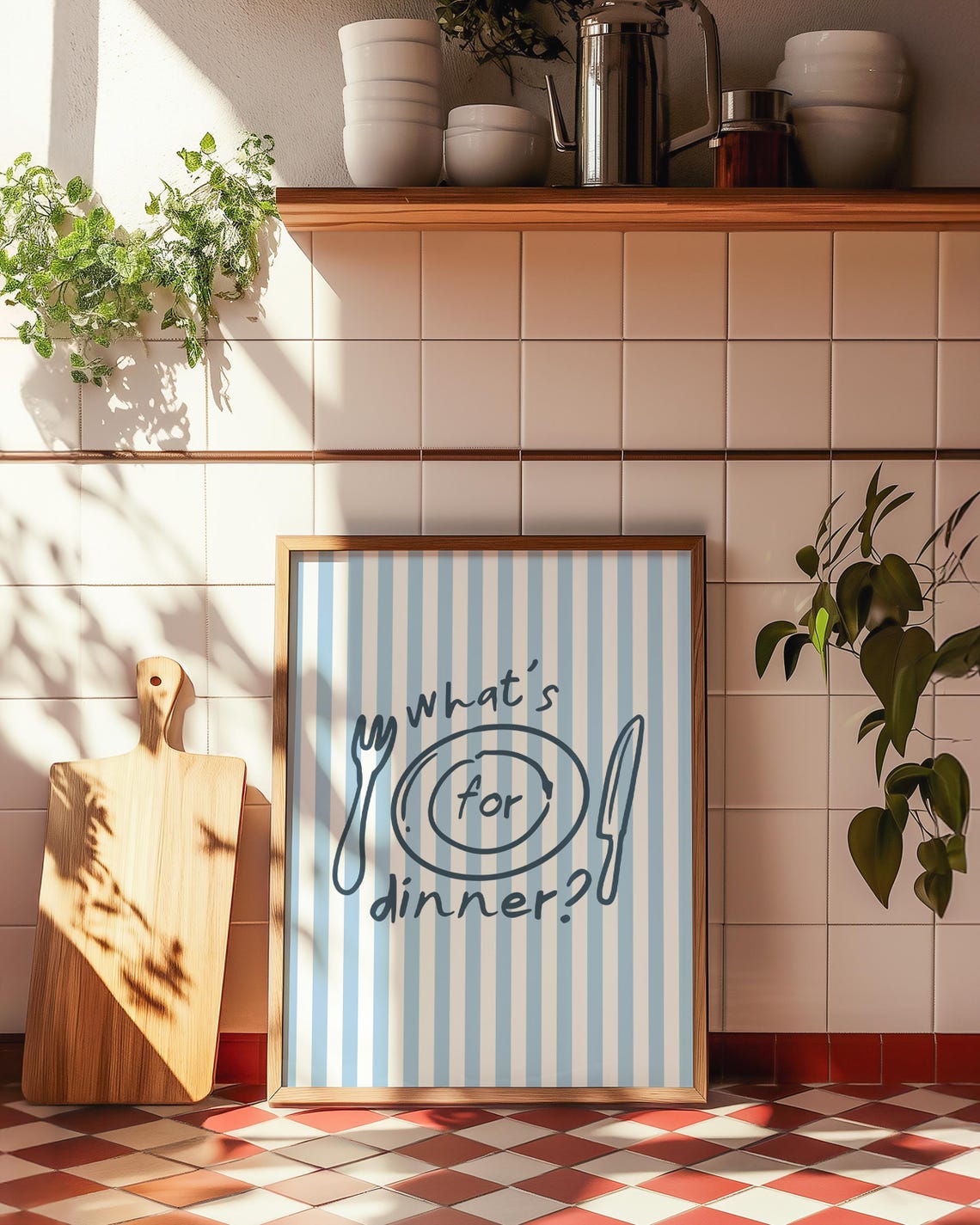 What Is For Dinner Quote Playful Blue Striped Kitchen Poster - Image 3