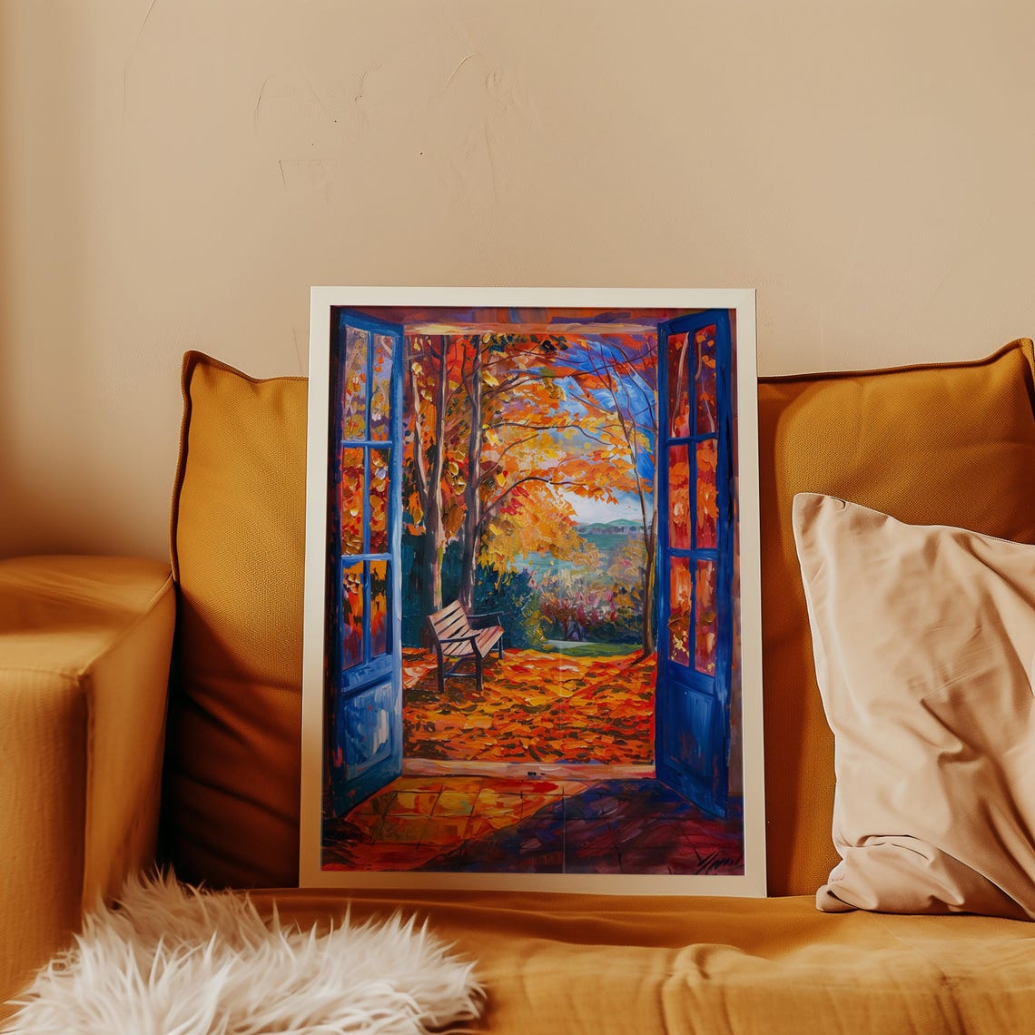 Autumn Trees Through Blue Doors Oil Painting Fall Landscape Poster - Image 2