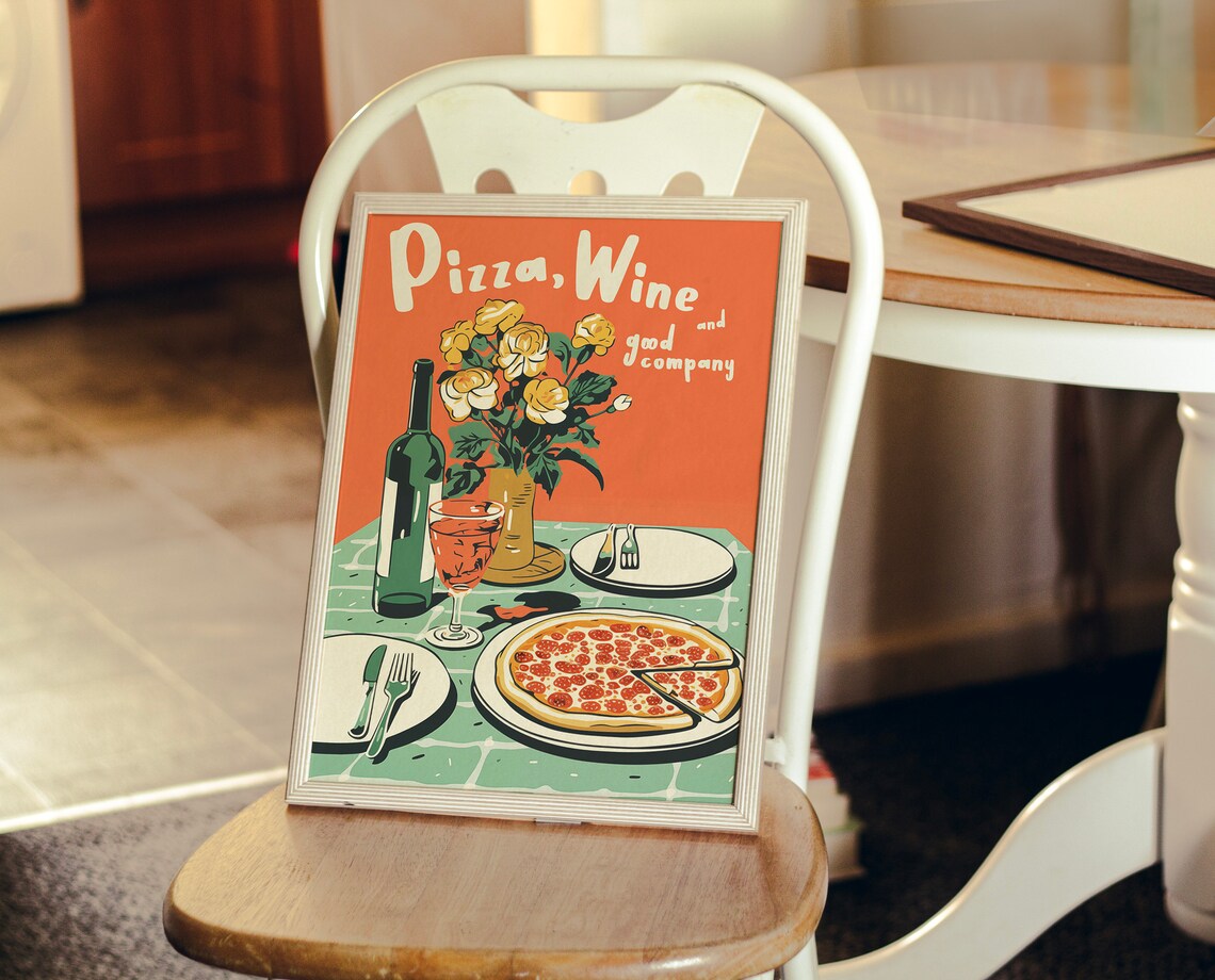 Pizza, Wine and Good Company Retro Art Print - Image 4