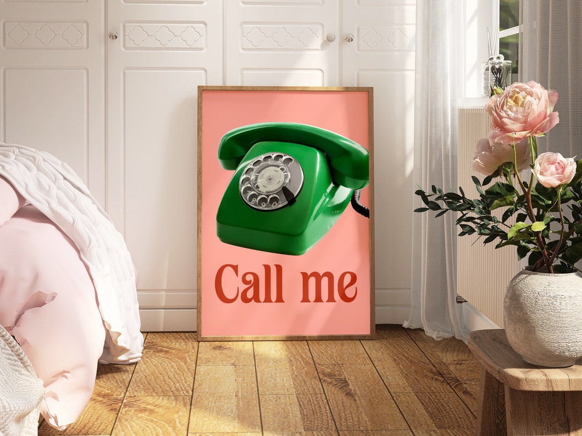 Call Me Retro Green Rotary Phone Pink Bold Pop Statement Poster - Image 2