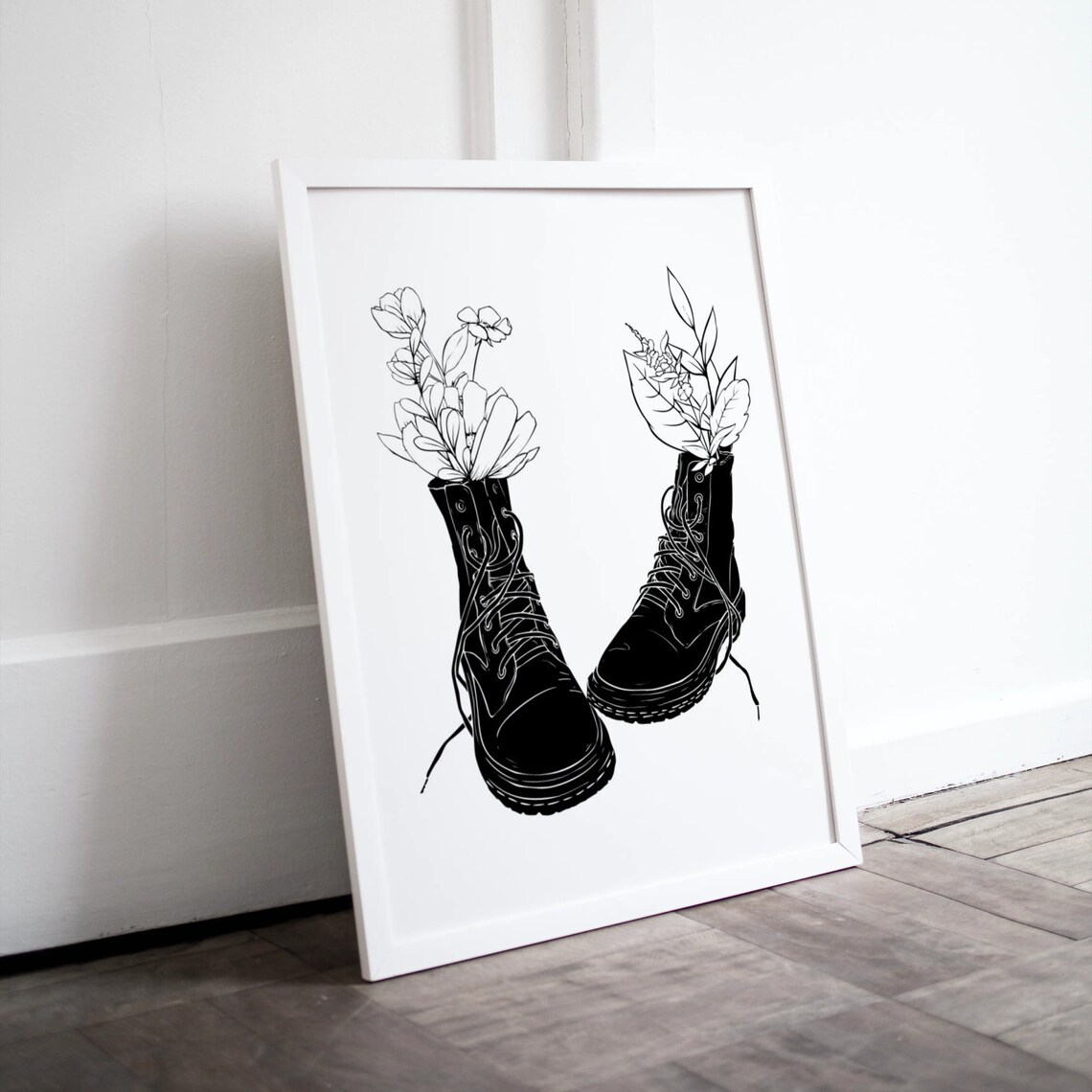 Boots With Flowers Grunge Line Art Poster - Image 2