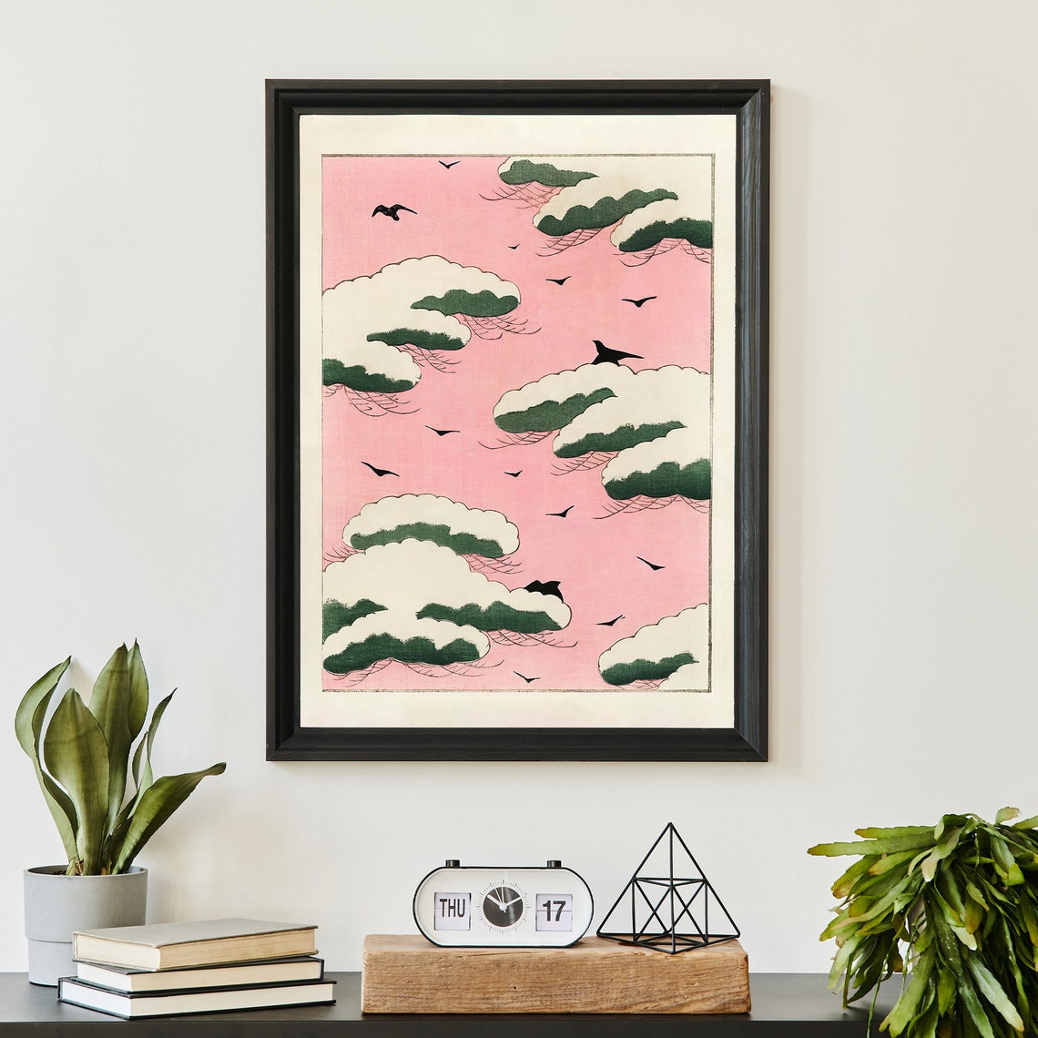 Japanese Snow Pines Pink Sky Birds Woodblock Style Art Poster - Image 2