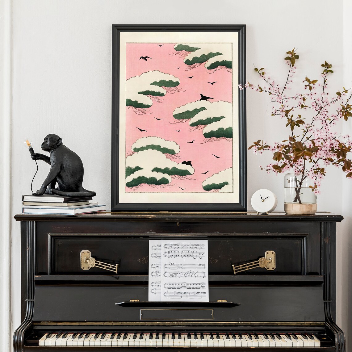 Japanese Snow Pines Pink Sky Birds Woodblock Style Art Poster - Image 3