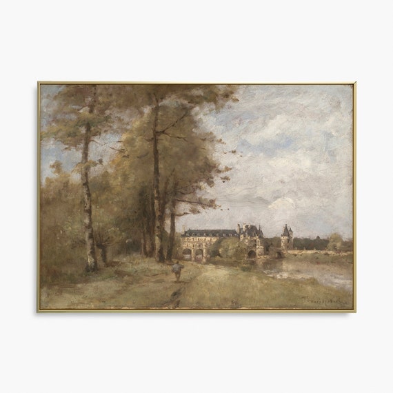 Vintage Castle Landscape Art Print Riverside Oil Painting Farmhouse Decor Cottagecore Art