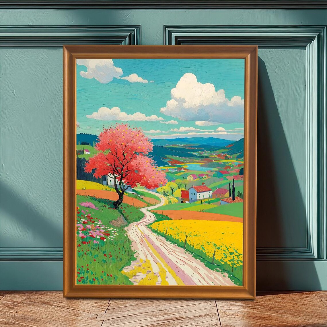 Spring Countryside Landscape With Pink Tree And Village Path Art Poster