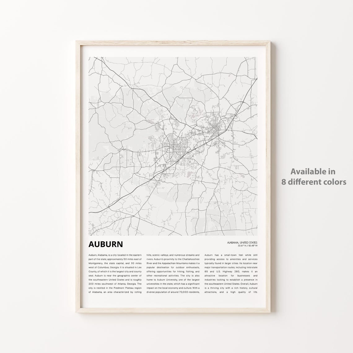 Auburn Alabama Minimal City Street Map Housewarming Gift Poster