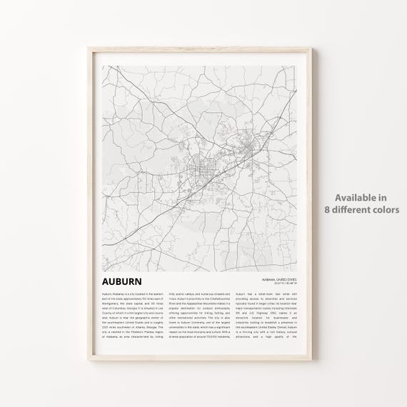 Auburn Map Print Travel Wall Decor Art Alabama Housewarming Gift Personalized Poster