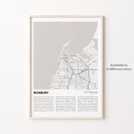 Bunbury Map Print Travel Wall Decor Art Western Australia Housewarming Gift