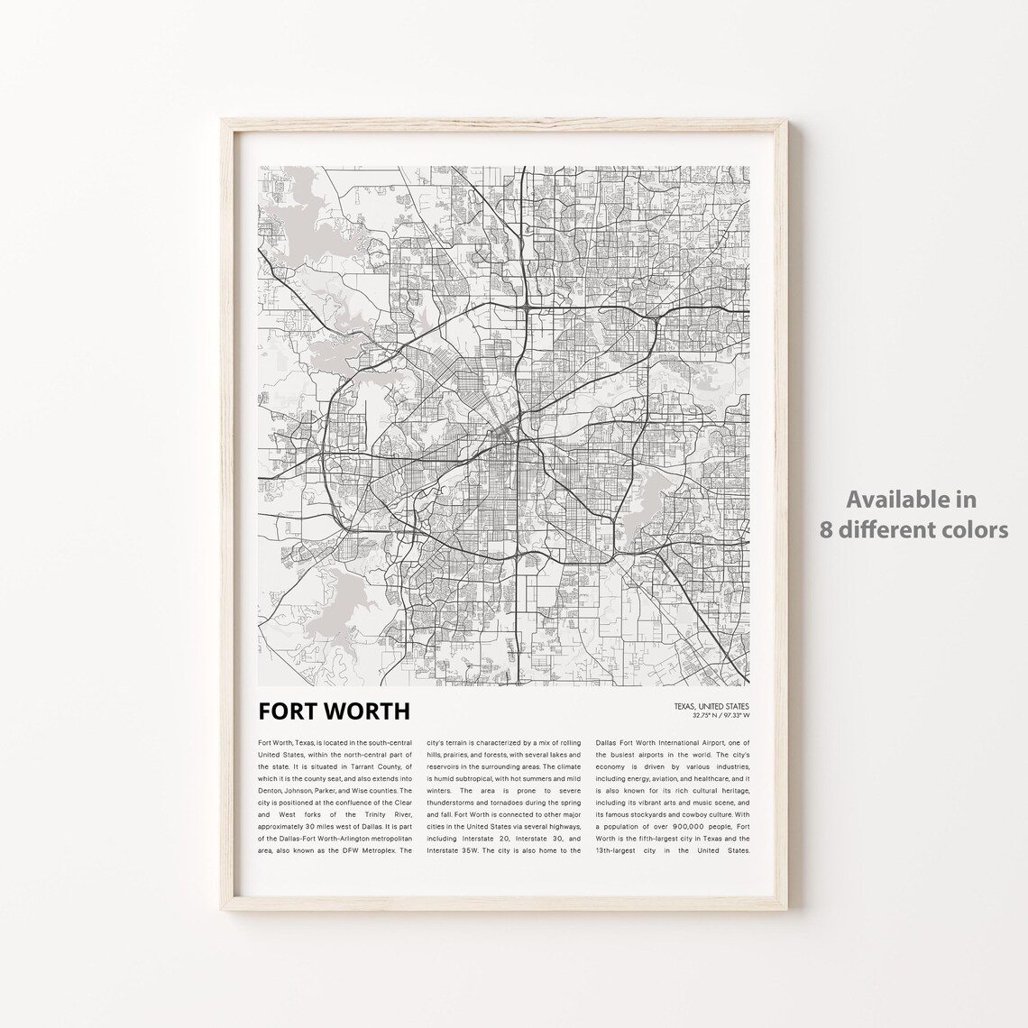 Fort Worth Texas City Street Map Minimalist DFW Urban Line Print