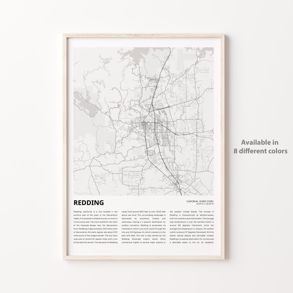 Redding California Detailed Minimalist City Map Street Plan Poster