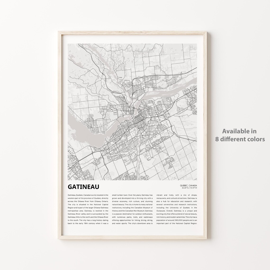 Gatineau Canada Minimalist Black and White City Map Poster Travel Gift