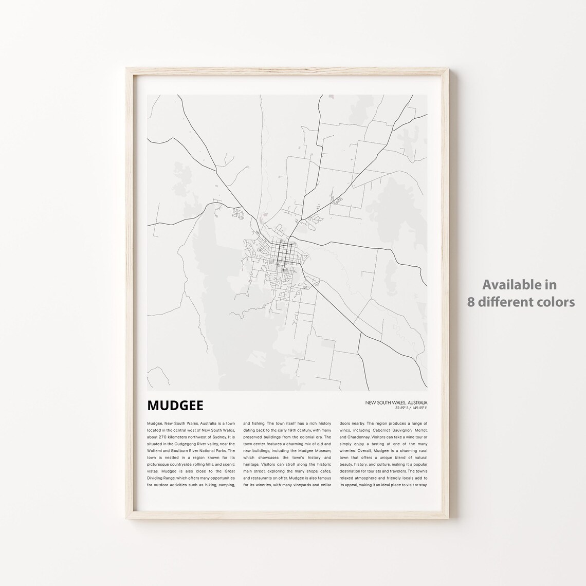 Mudgee New South Wales City Map Monochrome Travel Wall Poster