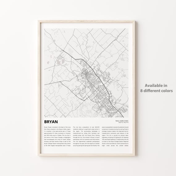 Bryan Map Print Travel Wall Decor Art Texas Housewarming Gift