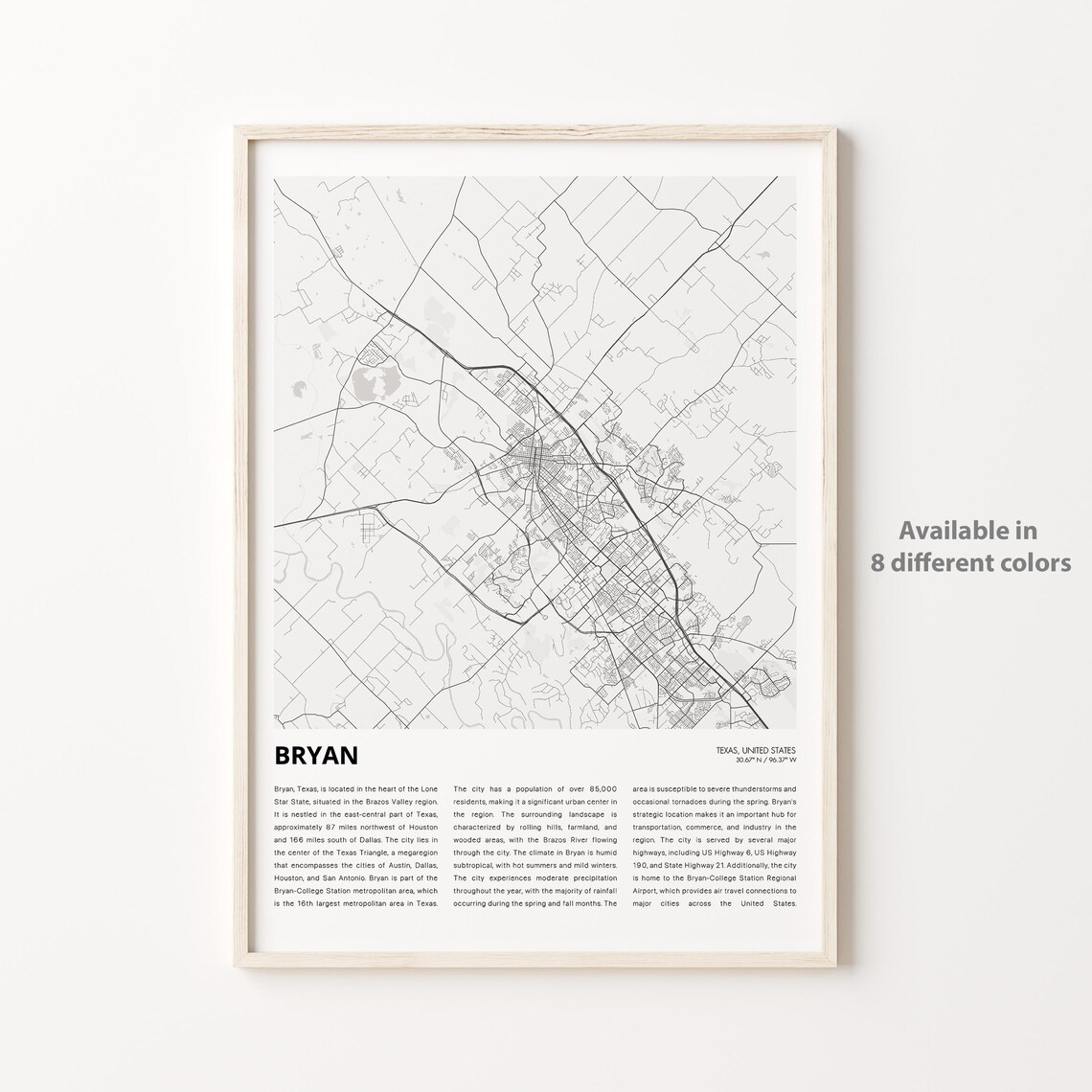 Bryan Texas Minimalist City Map Brazos Valley Street Art Poster