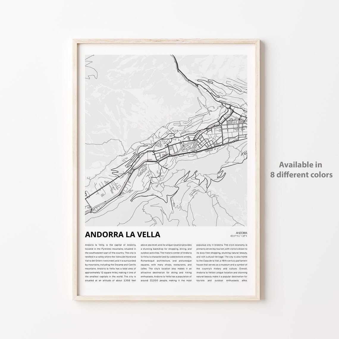 Andorra la Vella Andorra Pyrenees Black and White City Map Poster