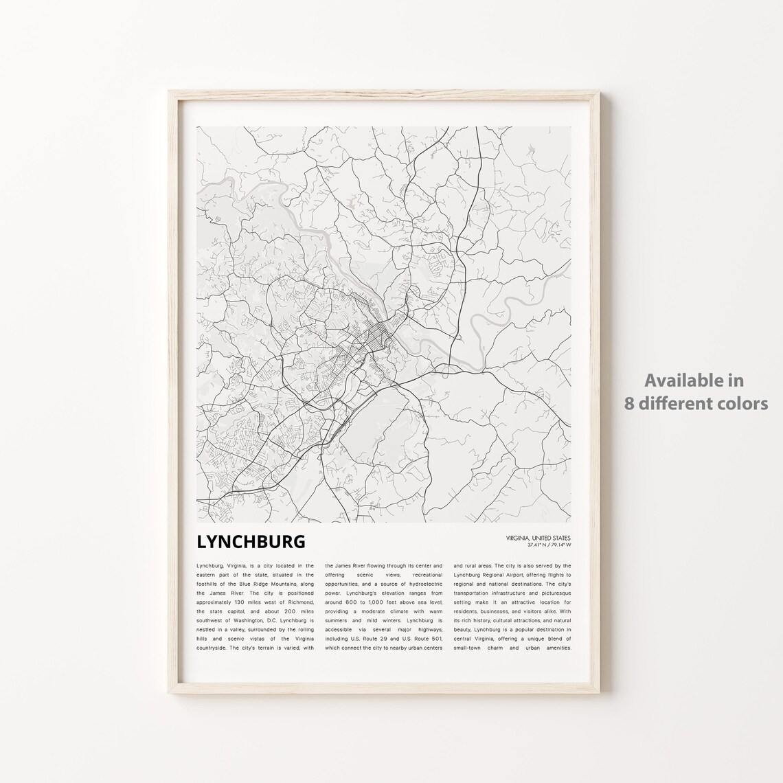 Lynchburg Virginia Minimalist City Map Street Grid Travel Poster