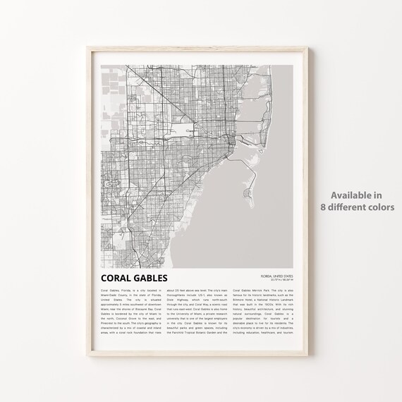Coral Gables Map Print Travel Wall Decor Art Florida Housewarming Gift