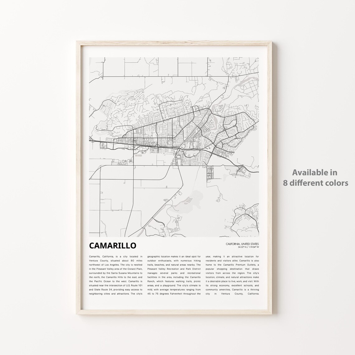 Camarillo California Minimalist Black And White City Street Map Print