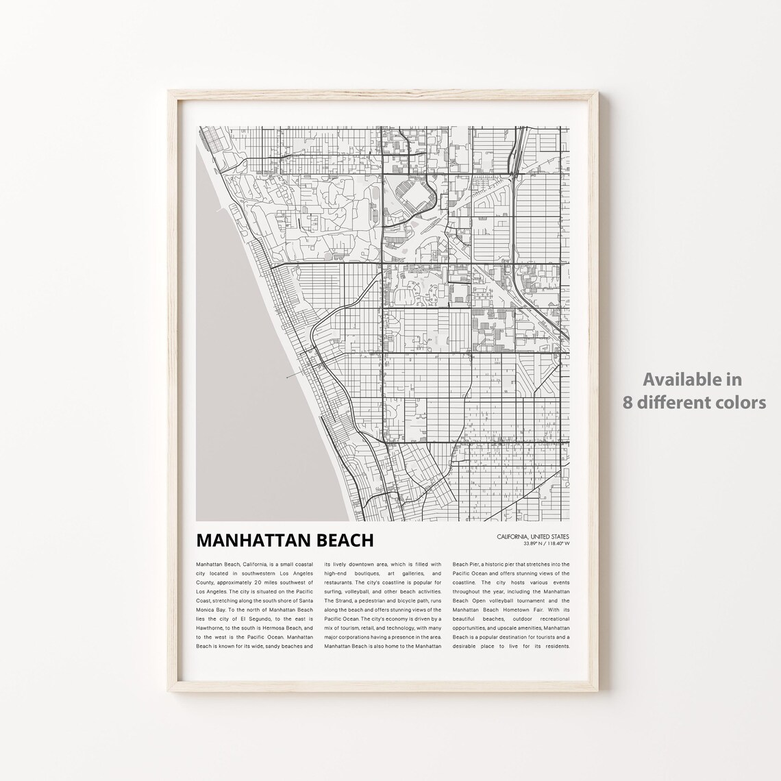 Manhattan Beach California Minimal City Street Map Travel Decor Poster