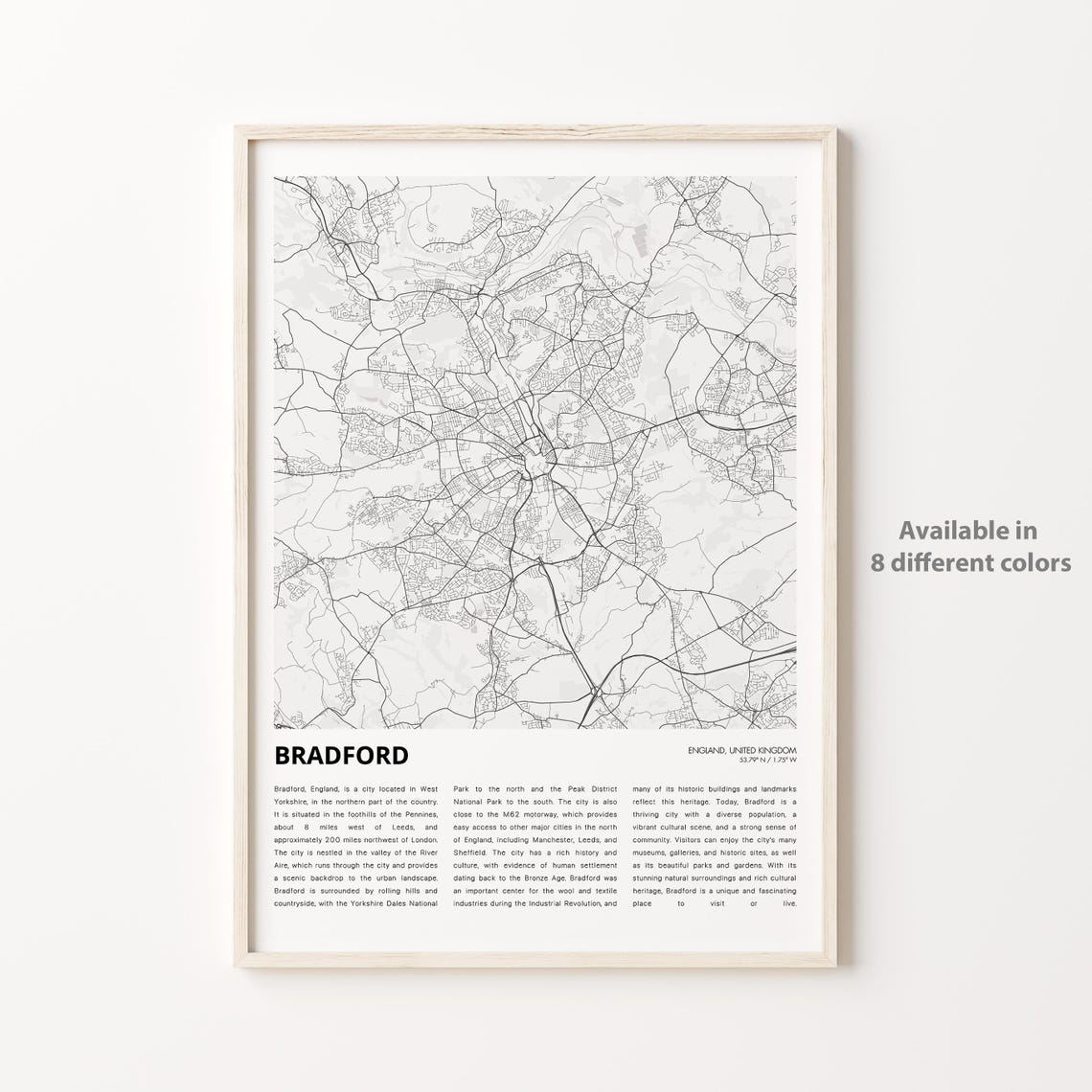 Bradford Map Print Travel Wall Decor Art England Housewarming Gift