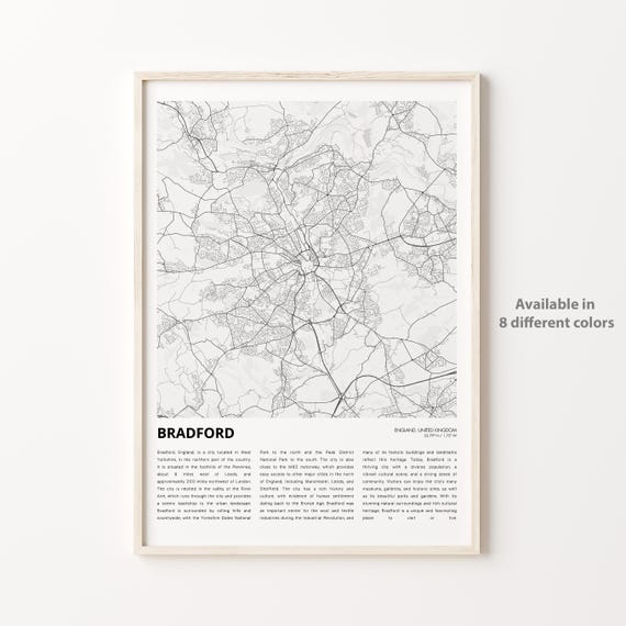 Bradford Map Print Travel Wall Decor Art England Housewarming Gift