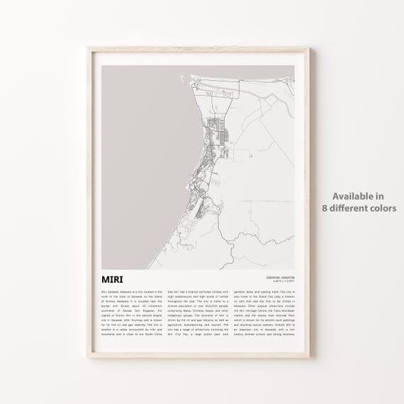 Miri Map Print Travel Wall Decor Art Sarawak Housewarming Gift