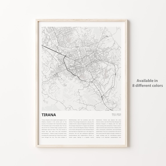 Tirana Albania City Street Map Minimalist Black White Travel Poster