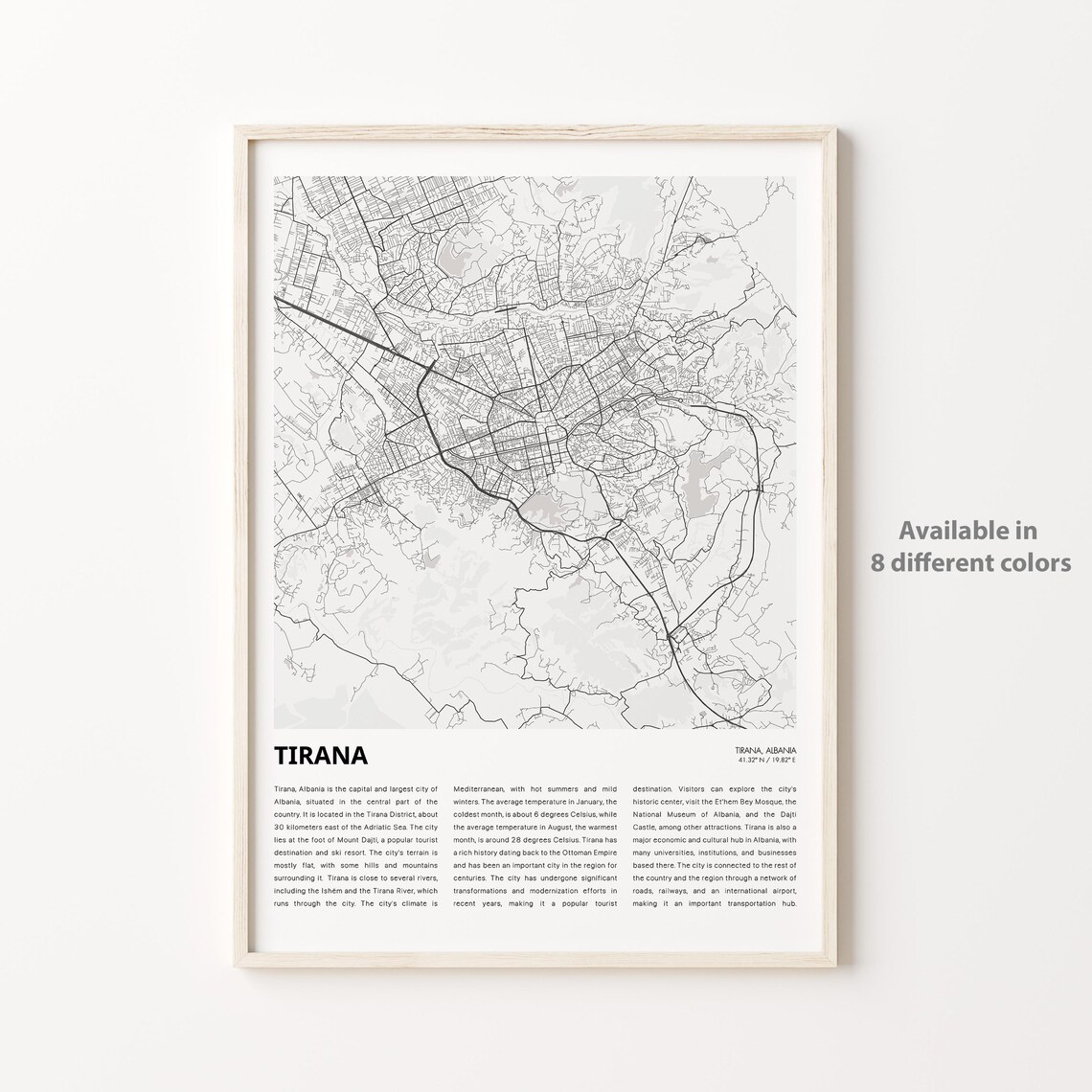 Tirana Albania City Street Map Minimalist Black White Travel Poster