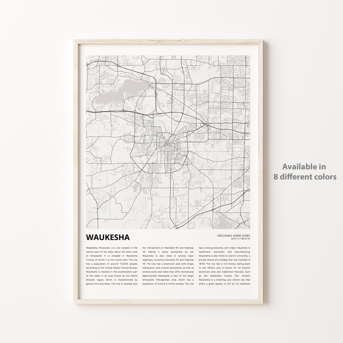 Waukesha Wisconsin Minimalist City Map Art Print with Description
