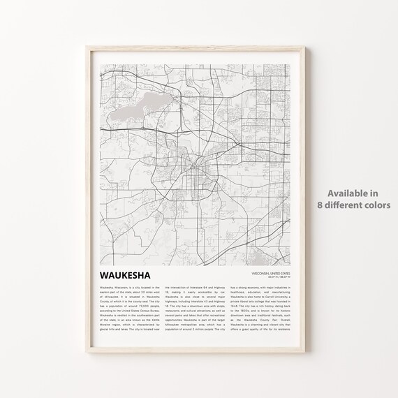 Waukesha Wisconsin Minimalist City Map Art Print with Description