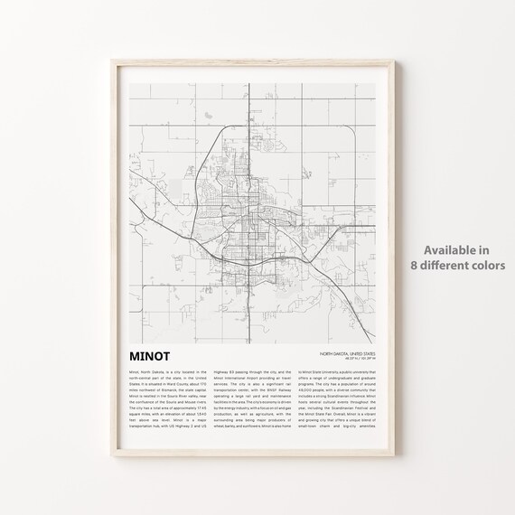 Minot North Dakota City Map Street Line American Midwest Travel Poster