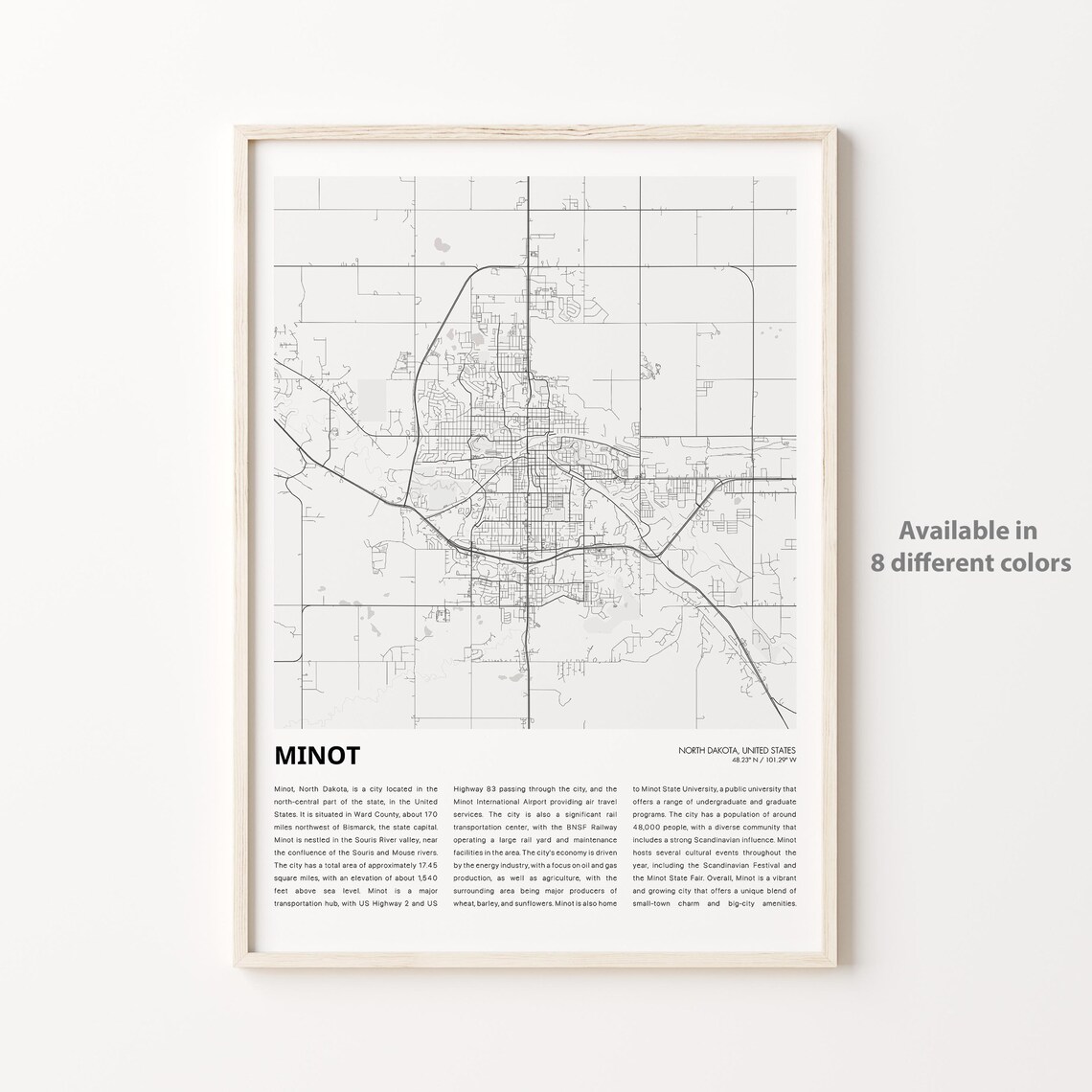 Minot North Dakota City Map Street Line American Midwest Travel Poster