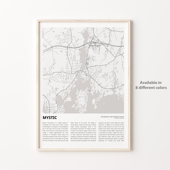 Mystic Connecticut Grey Street Map Coastal Village Travel Poster