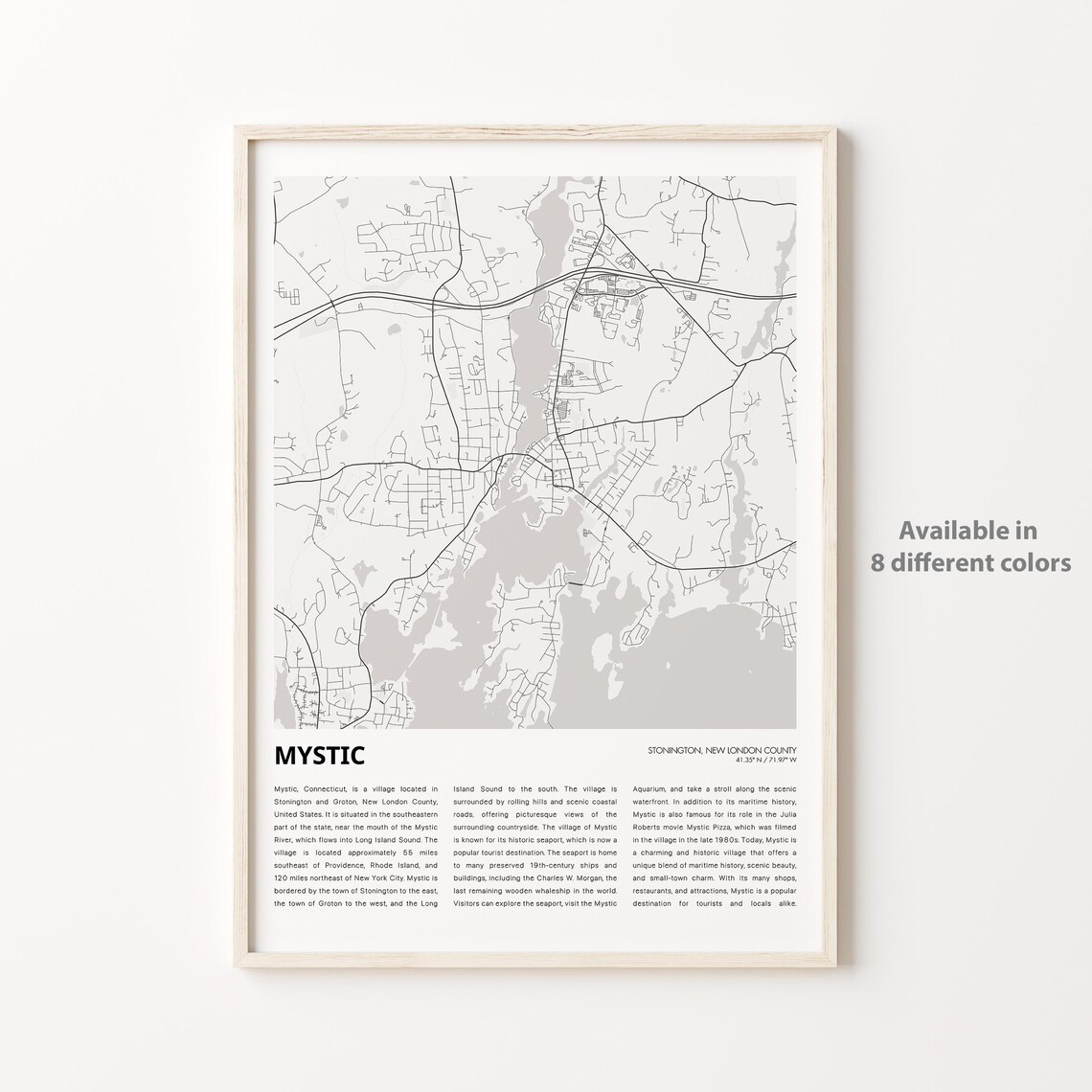 Mystic Connecticut Grey Street Map Coastal Village Travel Poster