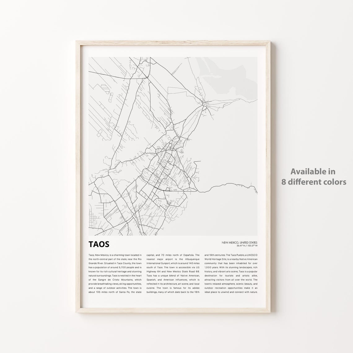 Taos Map Print Travel Wall Decor Art New Mexico Housewarming Gift