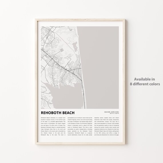 Rehoboth Beach Delaware Coastal Town Map Monochrome Travel Poster
