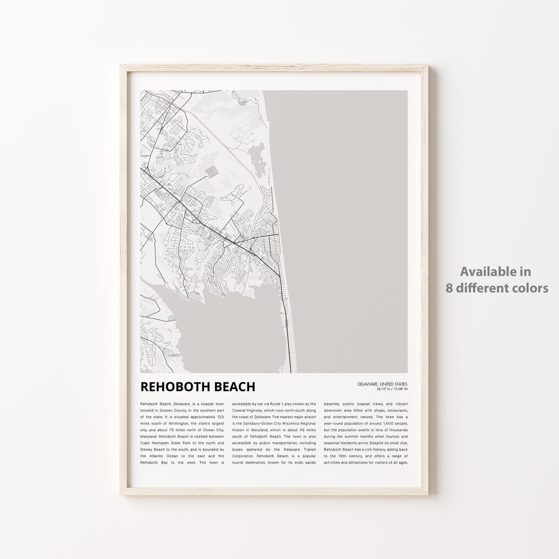 Rehoboth Beach Delaware Coastal Town Map Monochrome Travel Poster
