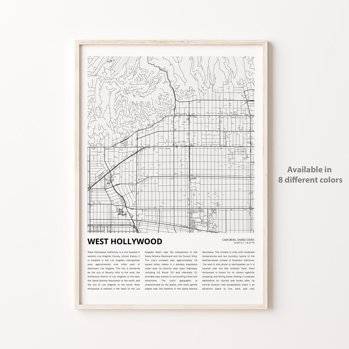 West Hollywood California Minimalist City Map Style Art Poster