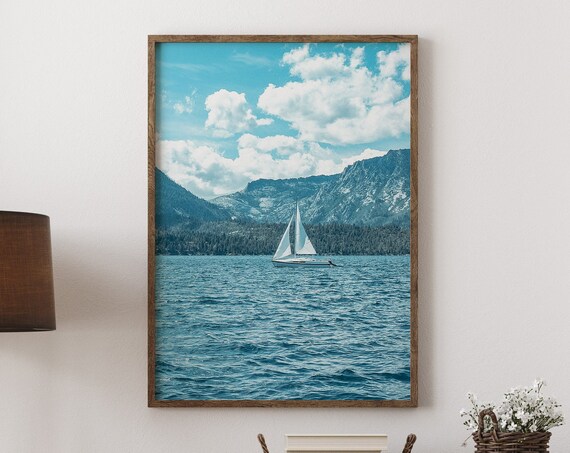 White Sailboat on Blue Mountain Lake Summer Photography Poster