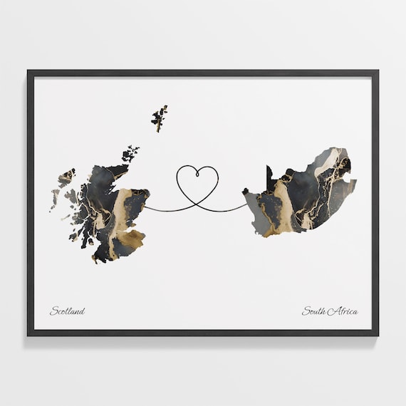 Scotland to South Africa Two Place Love Map in Gold Marble Poster
