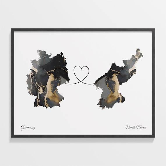 Germany and North Korea Marble Heart Map Long Distance Love Print