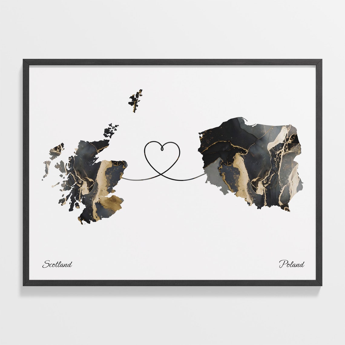 Scotland and Poland Black Gold Marble Heart Connection Map Poster