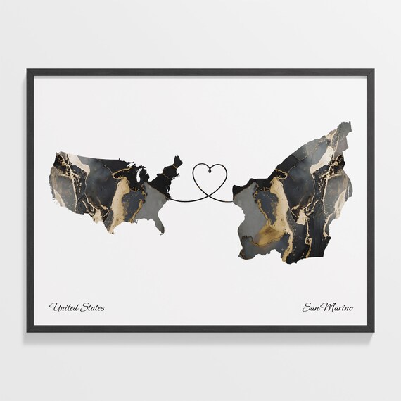 United States to San Marino Heart Connected Long Distance Marble Map Poster