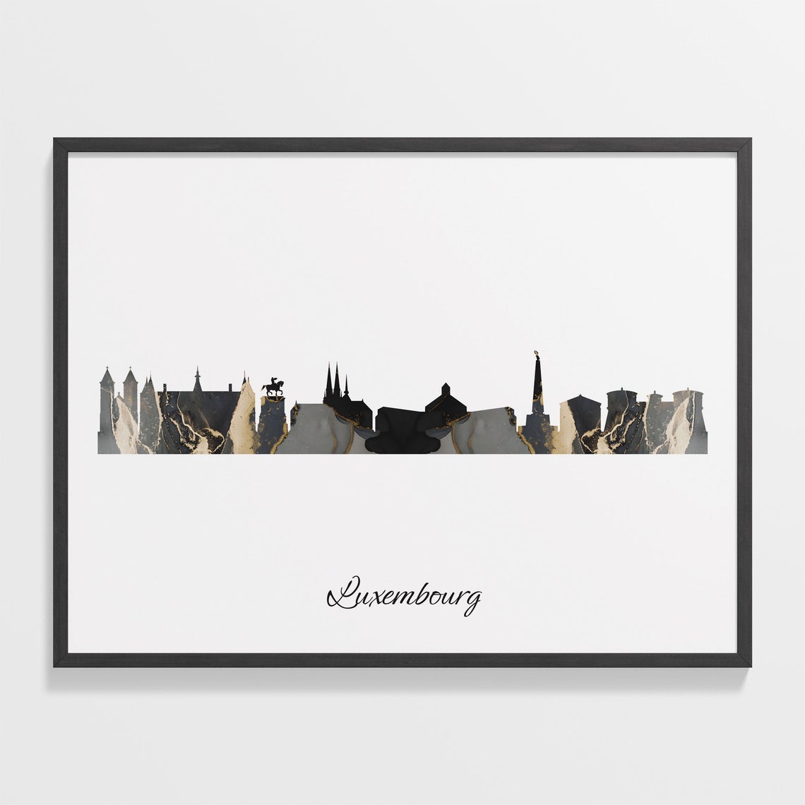Luxembourg Black Marble Skyline Silhouette Poster Modern Cityscape Art