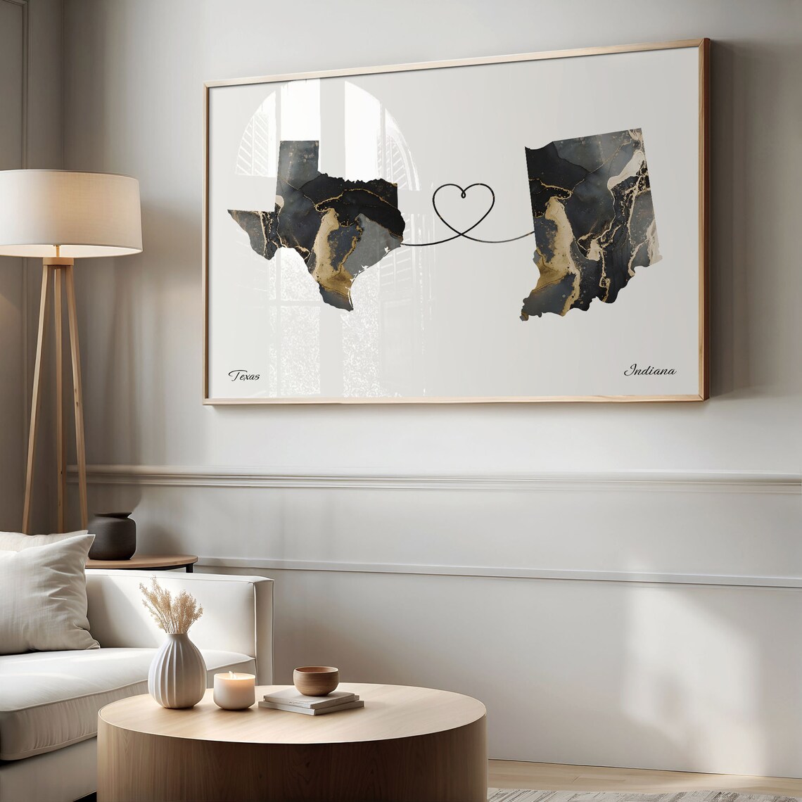 Texas Indiana Long Distance Love Black Marble Heart Map Poster - Image 2